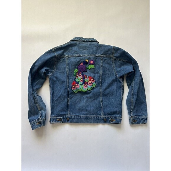 Vintage Vtg Y2K Embroidered Floral Boho Hippie Denim Jean Coat Jacket Large - Picture 1 of 7